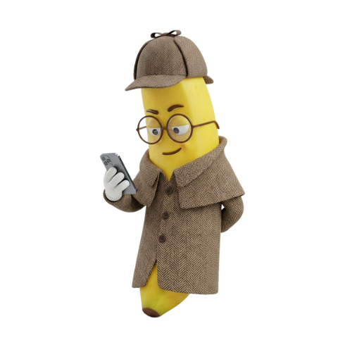Detective banana mascot in Sherlock Holmes outfit checking his phone for answers
