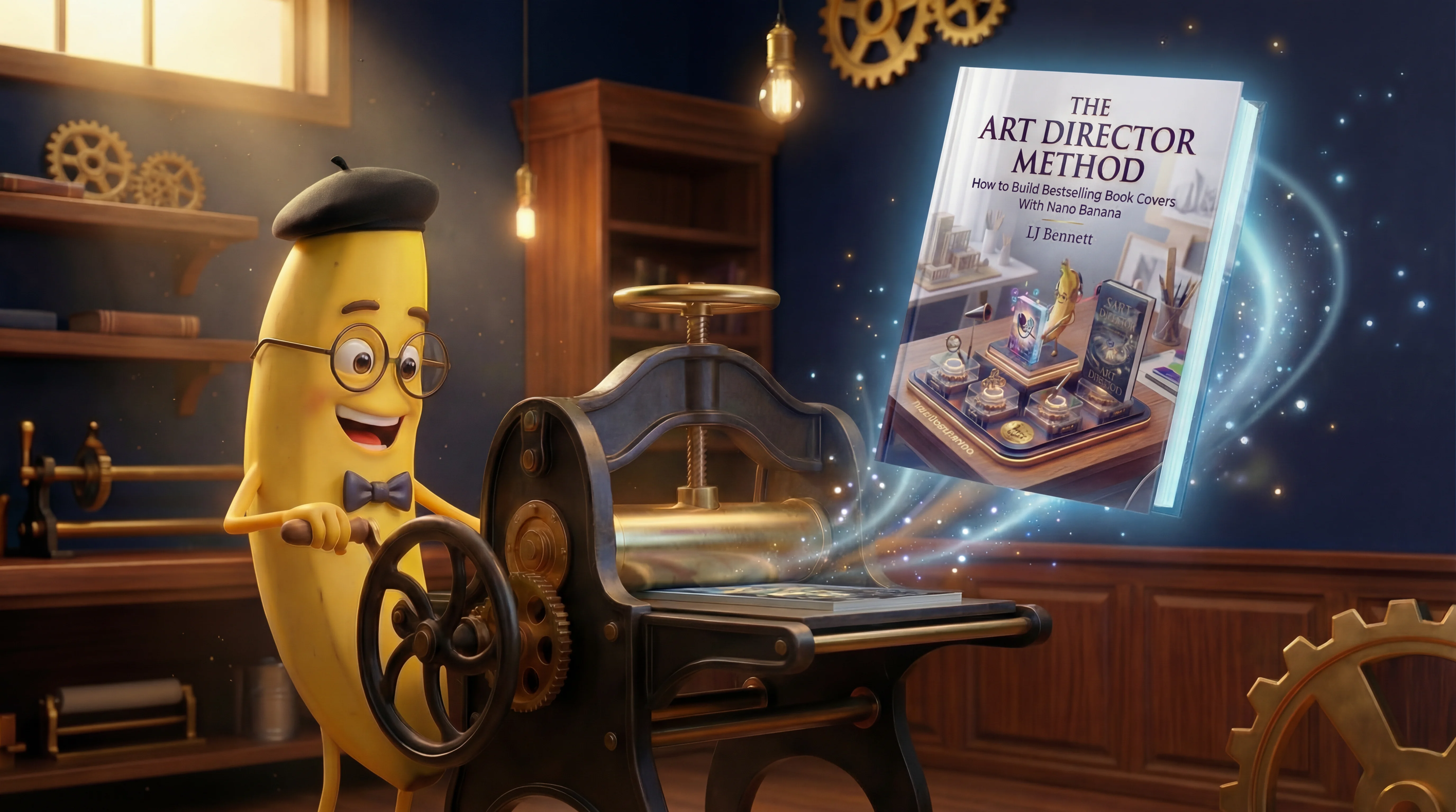 Banana mascot at a printing press cranking out book covers